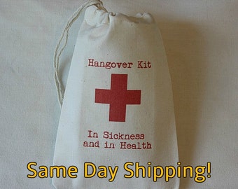 10 Red Cross Hangover Kit In Sickness and in Health cotton party favor bags 4x6 weddings, bachelorette, bachelor parties Same Day Shipping