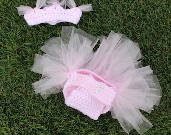 baby girl tutu set, crochet baby diaper cover set, newborn photo prop, baby girl princess, crochet tiara set, crochet tutu diaper cover set