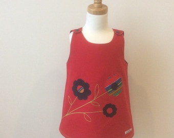 Girls' Pinafore Dress with flower applique, Size 2, Girls' Applique Pinafore, Girls' Pinny, Girls' Tunic, Girls' Red Dress, A-Line Pinafore