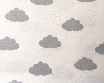 Rain Cloud Fabric | Cute Cloud Print | Little Raindrops | Gray | White | Stormy Weather | Sky | Puffy Clouds | Polka Dots | Blue Dots