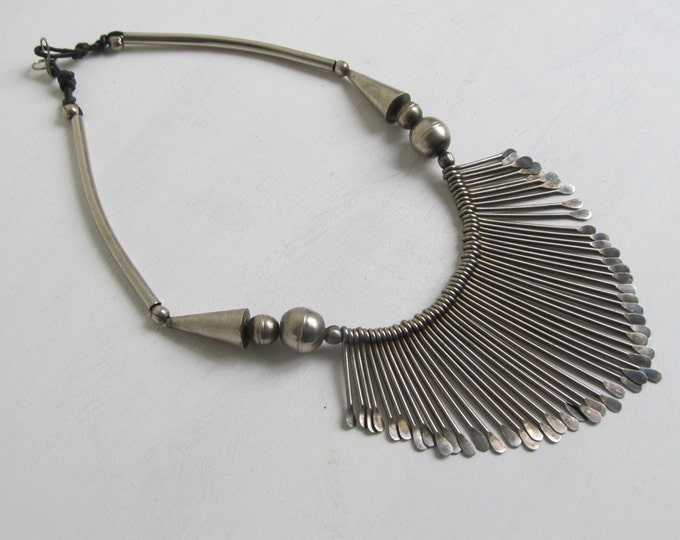 Bib fringe necklace, Original vintage hippie boho 1960's chic, Indian chunky statement accessory, gift idea for her