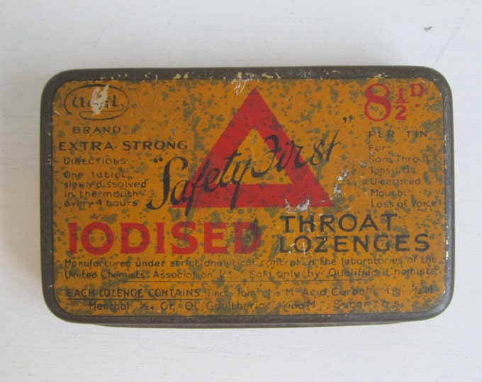 Vintage metal tin - collectable box - Iodised Throat Lozenges: safety first, extra strong. Yellow tin with lithographed red letters