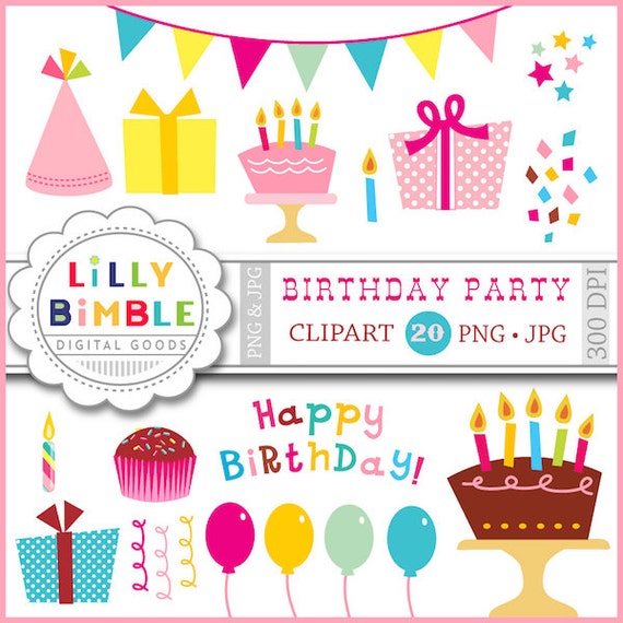 60% off Birthday Party clipart with balloons, gifts, confetti, candles, cupcakes, hats, Instant download Il_570xn