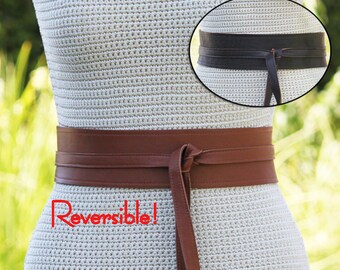 REVERSIBLE 2 Leather Colors Obi Wrap Belt - Cognac & Espresso Brown - cinch style, contrast stitching size XS S M L XL Petite and Plus Size