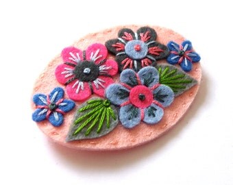 Victoriana felt brooch pin with freeform embroidery