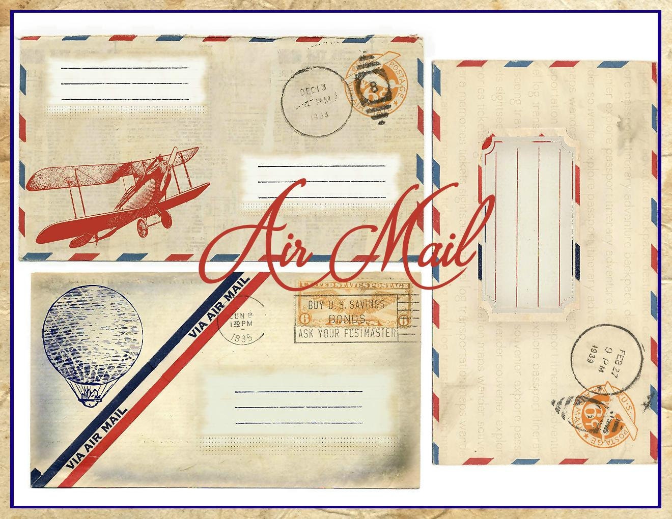 Vintage Air Mail Envelopes Embellishments Set Digital