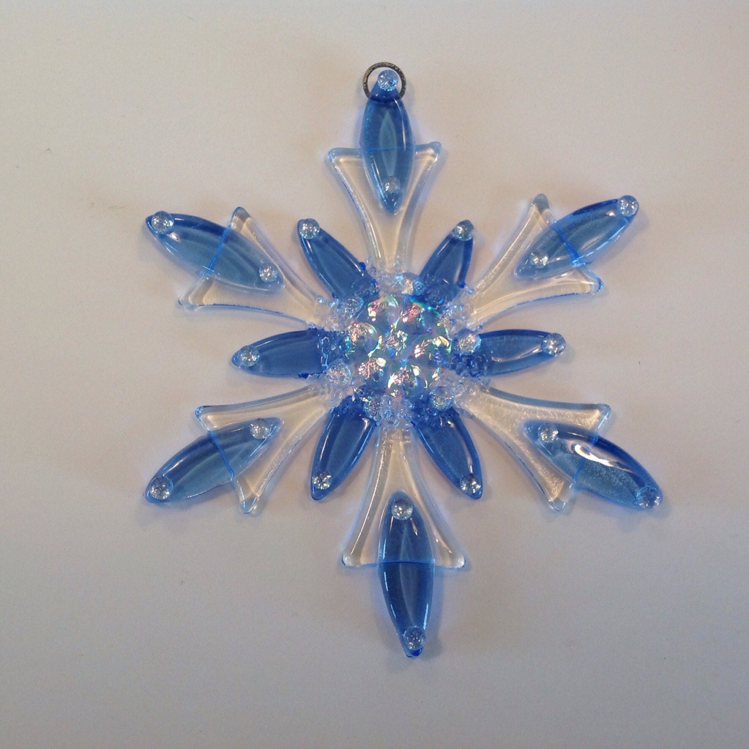 Fused Glass Christmas Ornament Light Blue Snowflake by CDChilds