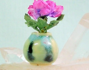 Miniature Round Vase with Fuchsia Rose in One Inch Dollhouse Scale