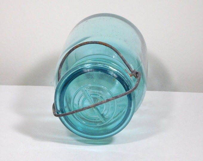 Aqua Blue Glass Quick Seal Quart Mason Jar Metal Wire Clamp Top