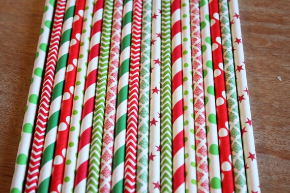 Red Green Straws Christmas Theme Paper Straws Red Stripes