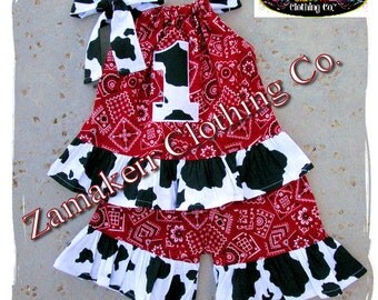 Custom Boutique Clothing Farm Cow Bandana Pillowcase Top Outfit Set Ruffle Pant Bottom 3 6 9 12 18 24 month size 2t 2 3t 4t 4 5t 5 6 7 8 t