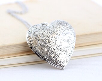 Large Heart Locket - Gift For Mother - Romantic Locket - Silver Photo Locket - Pendant Necklace - Gift For Woman - Romantic Necklace