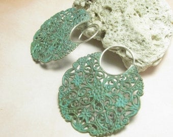 Large Verdigris Earrings, Green Patina Earrings, Mixed Metal Hoop Earrings, Sterling Silver And Brass Earrings, Extra Large Exotic Earrings
