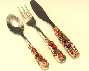 Beaded Hors'dourve Utensils/Appetizer Fork, Spoon, and Knife/Set of 3 Beaded Knife Fork and Spoon