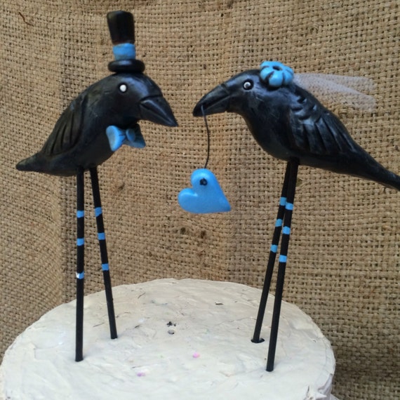 Crows in Love with blue accents Folk Art wedding cake topper