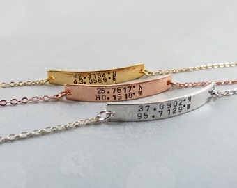 Custom Coordinate Jewelry Hand Stamped Coordinates Bar Bracelet Bridesmaid Gift Idea Anniversary Gift Rose Gold Silver or Gold