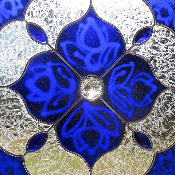 Cobalt Blue Stained Glass Beveled Panel Geometric Design 