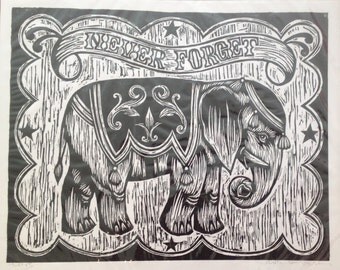 Elephant Art Print, Circus Elephant - Never Forget Woodcut Print, Elephant Art Print, Circus Art Print, Woodcut Print