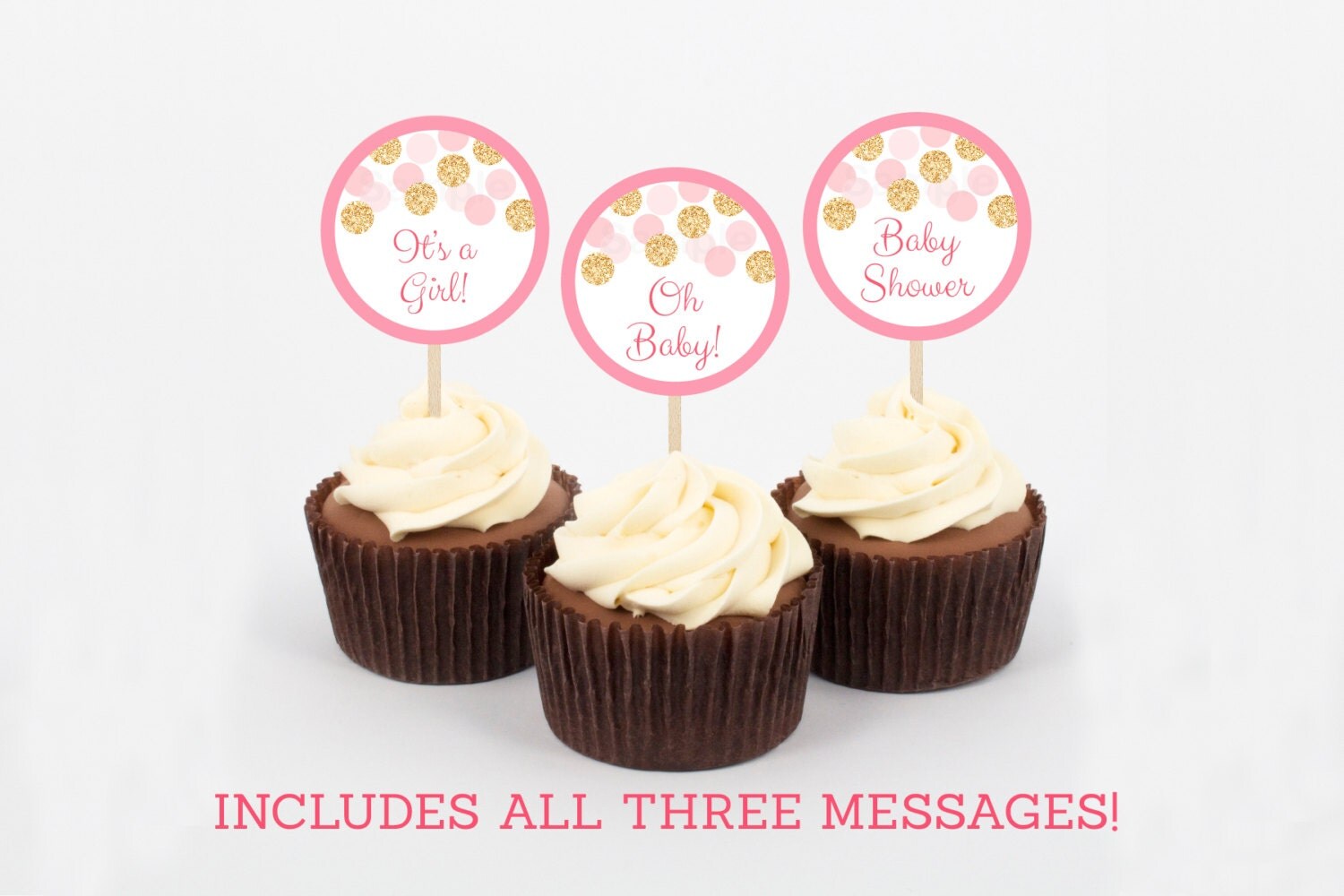 Pink & Gold Cupcake Toppers / Glitter Baby Shower / Glitter