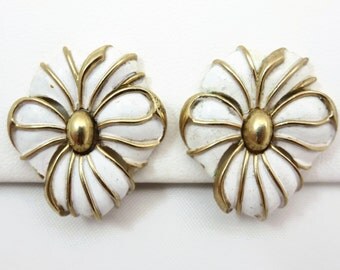 Costume Jewelry Flower Earrings - Vintage Trifari, White Enamel Flowers