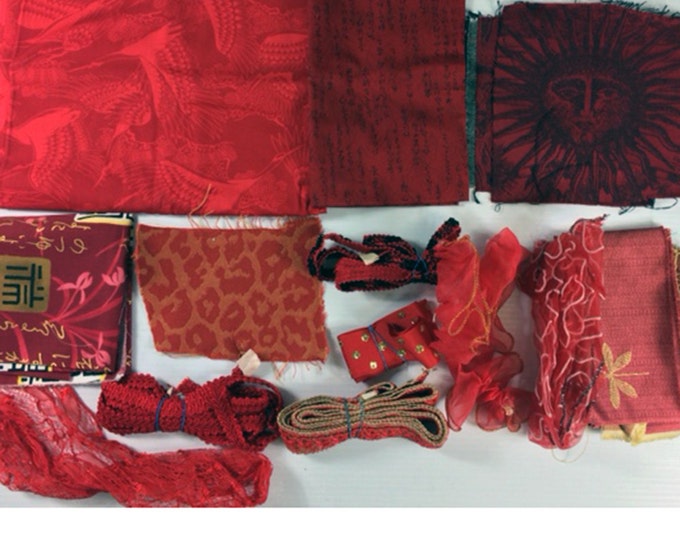 Lot of Red Themed Fabric, Ribbon, Trim- Lot A