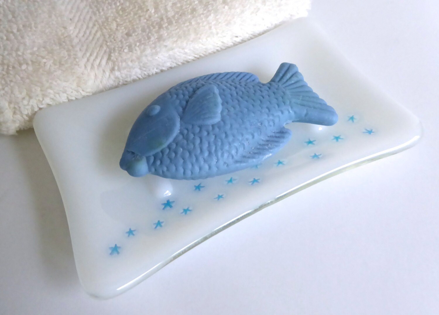 Fused Glass Soap Dish in White with Blue Starfish by BPRDesigns