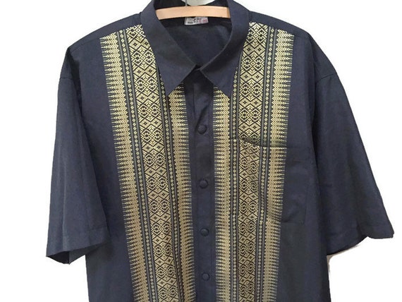 Thai Silk Shirt XXXL Mens Vintage Shirt Navy Blue Gold