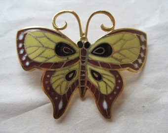 Butterfly Black Red Yellow Brooch Gold Enamel Vintage Pin Cloisonné Pendant