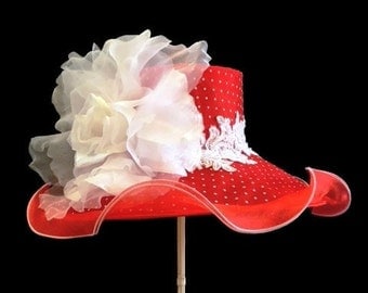 Kentucky Derby Hat, Easter Hat, Spring Fashion Hat, Sheer Organza Hat in Red and White Polka Dot - “Flirtatious”
