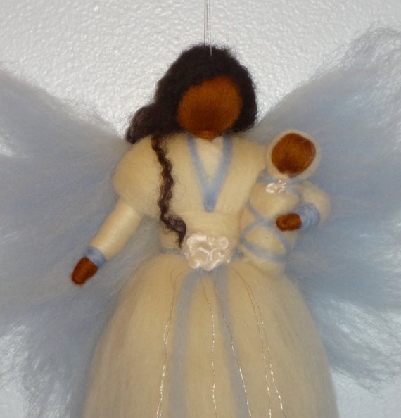 Winter Fairy, Blue Flower Faerie Doll with Baby, African American, Angel, Nursery, Blessing, Waldorf, Magic Wool, needle felted
