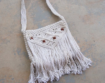 vintage 70s Macrame Purse - 1970s Boho Fringe Shoulder Bag Cross Body Bag