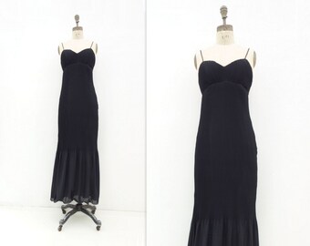 Vintage Black Formal 90s Maxi Dress Black Formal Dress Micro Pleat Dress Black Maxi Dress Empire Black Dress 90s Party Dress s