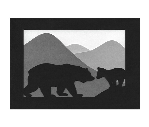 Mama bear and Cub Mountains Paper Cut Silhouette Wall Art Wall