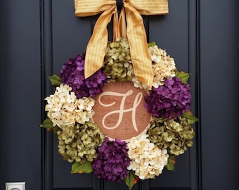 HYDRANGEA WREATHS, Summer Hydrangea Wreath, Wreaths, Summer Wreath, Summer Hydrangeas, Front Door Wreath, Home Decor Wreath, MONOGRAM Wreath