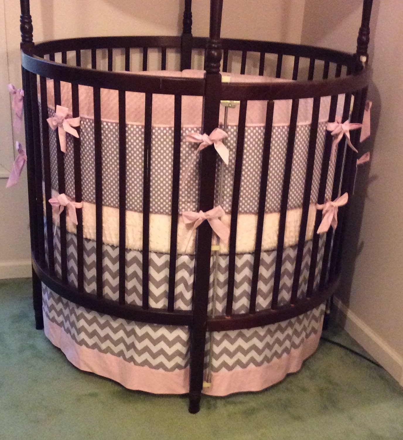 Modern Gray and Pink Round Crib Bedding by butterbeansboutique