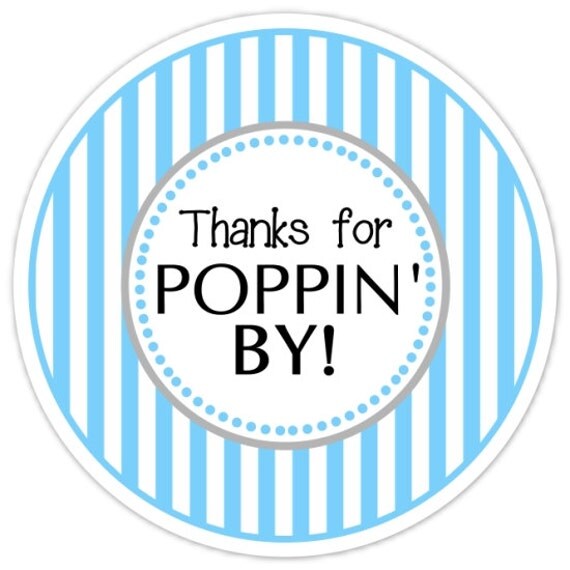 Baby Shower Popping By labels Bright Blue Stripes Thanks for