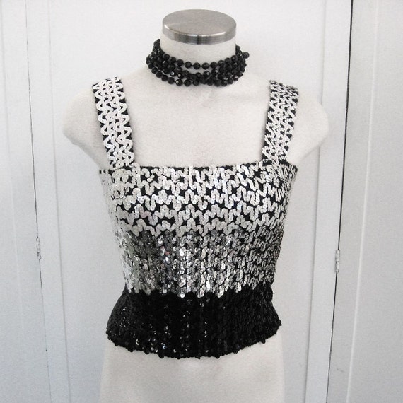 1970s Vintage Sequin Tube Top With Straps Black Silver White