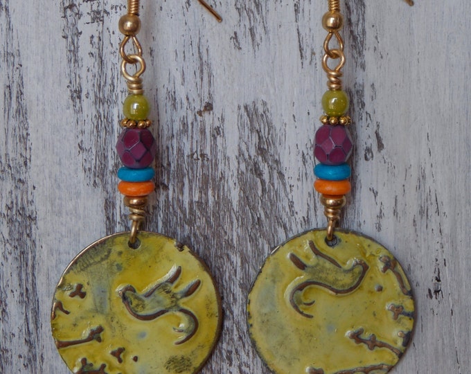 Tuscany Bird Earrings Hand Painted Distressed Czech Glass Copper Metal Embossed Boho Earrings Bird Yellow Teal Orange Magenta Purple Gold