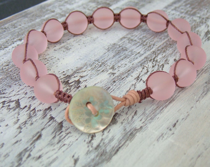 Pale Pink Recycled Seaglass Knotted Leather Wrap Bracelet Natural Elements Boho Wrap Bohemian Beachy Jewelry