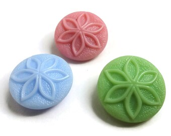 3 Vintage Glass Buttons - Lime Green Pink Blue Flowers 3/4 inch 19mm for Jewelry Beads Sewing Knitting