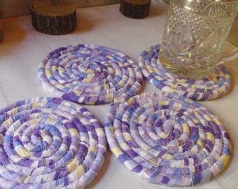 Pastel Purple, Blue and Yellow Coiled Fabric Coasters - Set of 4 - Handmade by Me