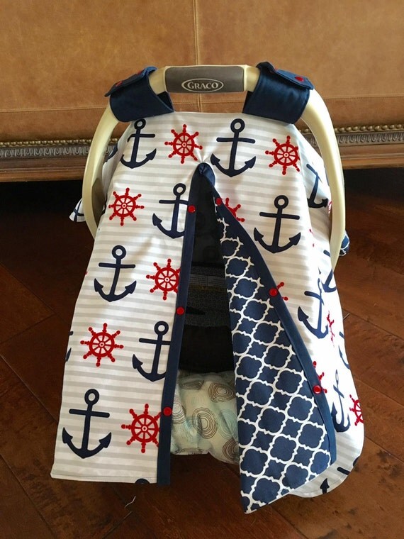 Baby Car Seat Cover New Gray Stripe Navy and Red Anchor