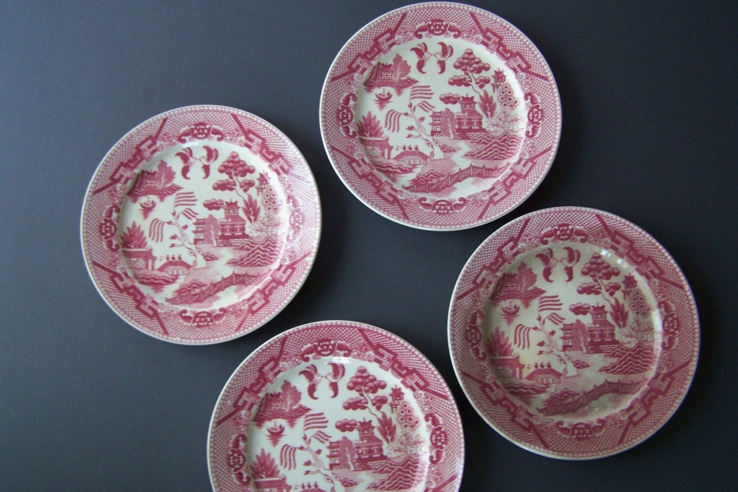 Antique Pink Willow Transferware Plates Set of 4 Plates
