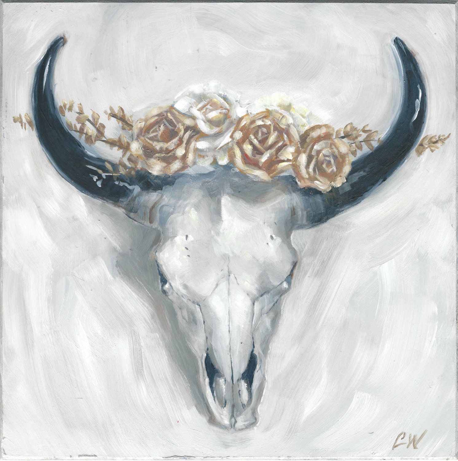 Cow Skull Painting Original on Canvas 10x10 by GalleryMusings