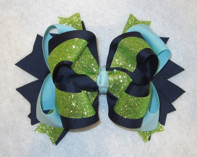 Large 6 Inch Boutique Hairbow, Triple Layered Bows, Girls Boutique Bow, Blue Glitter Hairbow, Green, Pageant Bow, Large Bow, Glitzy Glow gl