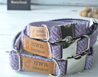 Harris Tweed Dog Collars, Lavender Tweed Dog collar,Purple Herringbone Tweed Dog Collar. Designer dog collar