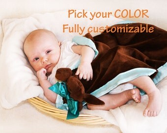 Brown Puppy Dog Security Blanket, Baby blanket Lovey Blanket, Satin, Baby Blanket, Stuffed Animal, Baby Toy - Customize Color Monogramming