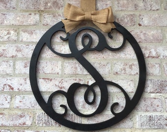 Door home decor with last initial door hanger in choice of color. 18" Vine script personalized and makes best newlywed gift for first home