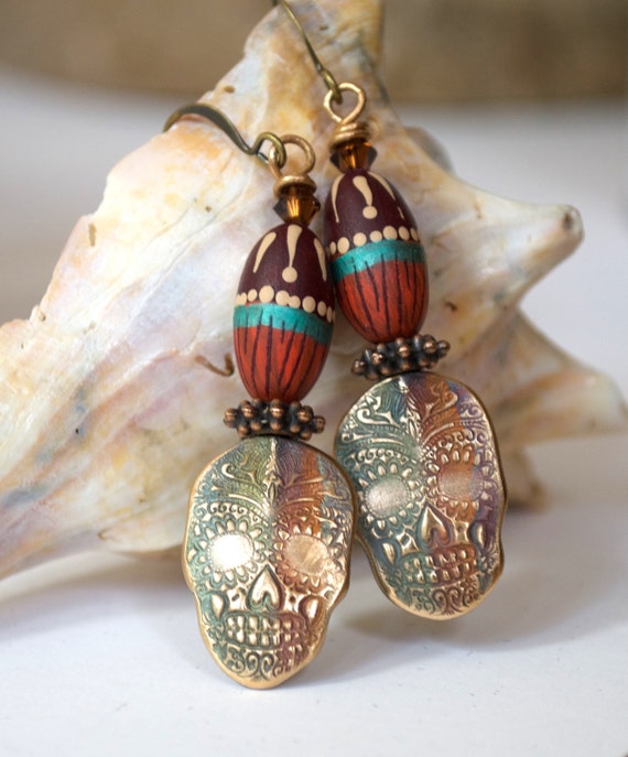 Sugar Skull Earrings, Brass Earrings, Polymer Clay Earrings, Dia De Los Muertos, Fire Painted Metal Earrings, Jewelry, Gothic Boho Jewelry