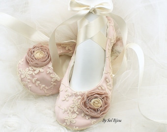 Wedding Ballet Flats, Rose, Pink, Blush, Ivory, Shoes, Pink Flats, Lace Flats, Flower Girl Flats, Ballet Slippers, Elegant, Vintage Wedding